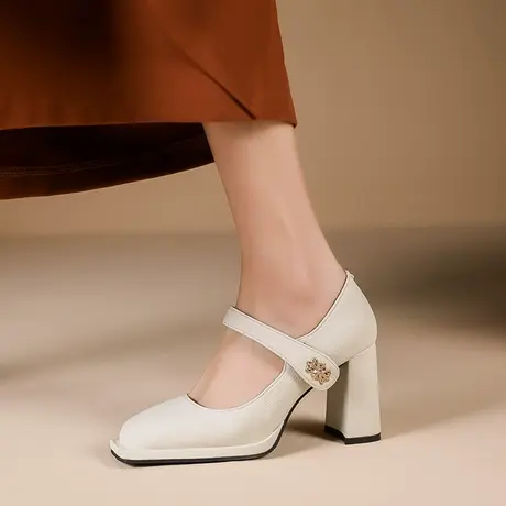 玛丽珍鞋女复古风2023年春季新款时尚方头粗跟高跟鞋一字扣带单鞋商品大图