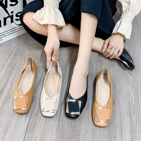 单鞋女夏季2023新款平底鞋浅口方头时尚百搭奶奶鞋黑色软底女鞋潮商品大图