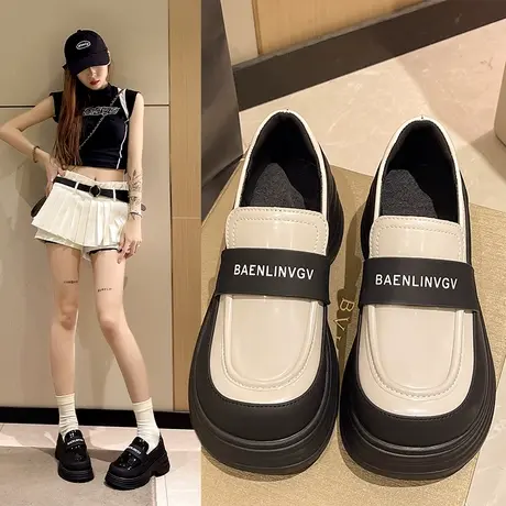 大头拼色厚底乐福鞋女2023秋季新款玛丽珍复古小皮鞋增高粗跟单鞋图片