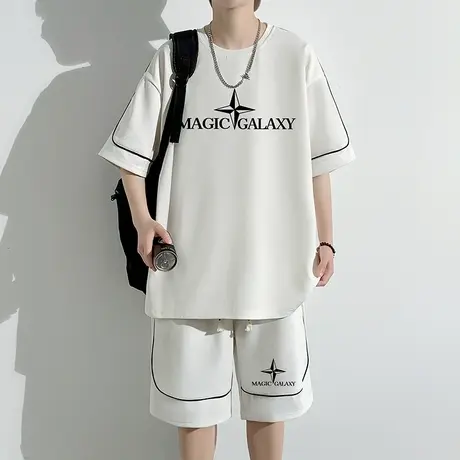 美式2023夏季休闲运动套装青少年潮流五分袖短裤帅气男装一套搭配商品大图