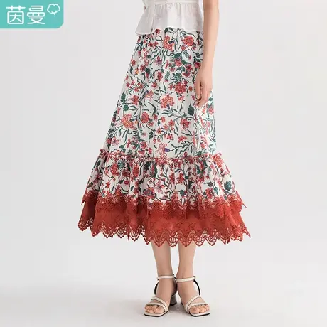 【商场同款】茵曼2023夏装新款大花卉印花蕾丝复古拼接半身长裙图片