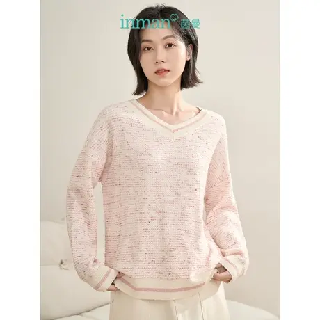 【商场同款】茵曼2023春女装新款温柔粉色肌理感落肩宽松V领毛衣图片