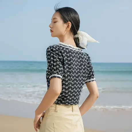 茵曼短袖衬衫女夏季2023新款别致上衣设计感小众方领复古法式衬衣图片