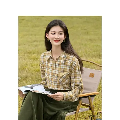茵曼复古休闲格纹衬衣2023秋女装新款翻领落肩长袖绣花宽松上衣商品大图