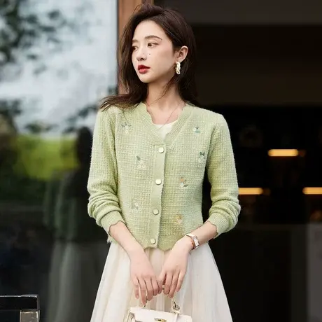 时尚气质刺绣毛衣开衫女2023年秋季新款休闲通勤百搭V领显瘦上衣商品大图