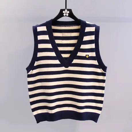 撞色条纹针织马甲女秋冬2023新款韩版宽松学院风减龄V领毛衣背心图片