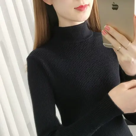 加厚半高领毛衣女短款内搭上衣修身紧身针织衫秋冬新款黑色打底衫商品大图