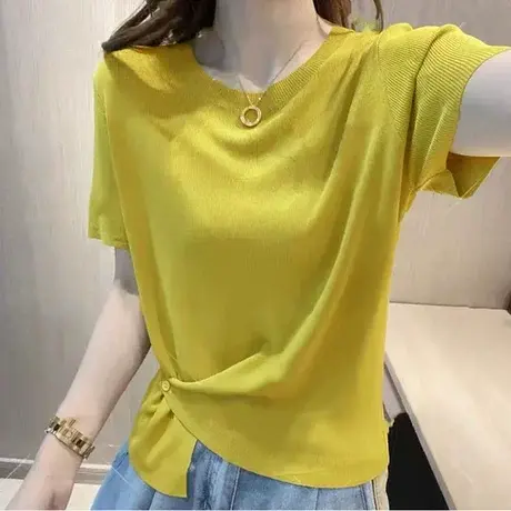 2023夏季新款气质高级感简约时尚斜扣下摆圆领短袖纯色针织上衣商品大图