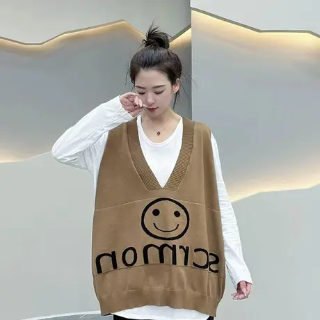2023秋季新款韩版V领针织无袖坎肩马夹女百搭印花笑脸马甲女显瘦商品大图