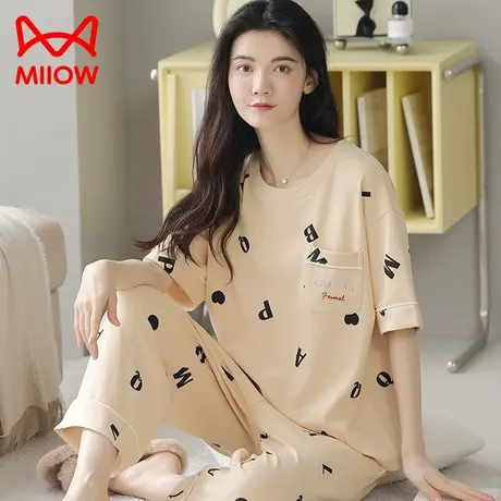猫人睡衣女士春秋夏季纯棉短袖薄款七分裤家居服套装2023年新款商品大图