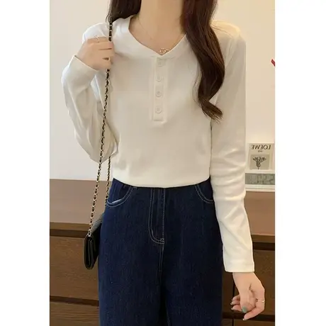 白色t恤女装秋季2023新款设计感小众长袖修身圆领纽扣打底衫上衣商品大图