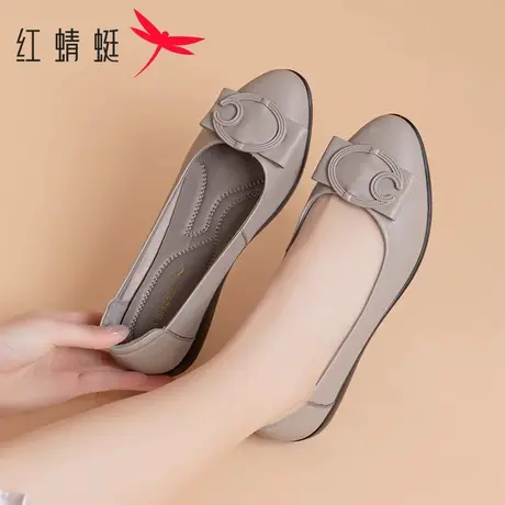 红蜻蜓女鞋春秋款中年妈妈鞋真皮浅口皮鞋软面软底通勤平底单鞋女图片
