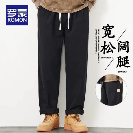 罗蒙纯棉休闲裤男士春秋季2025新款直筒宽松男裤阔腿系绳长裤子男商品大图