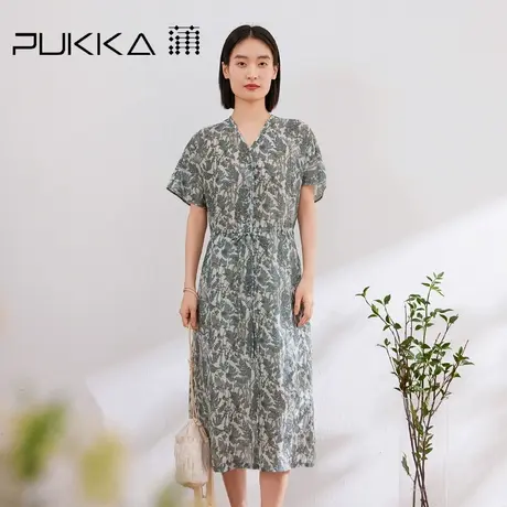 蒲PUKKA 新中式苎麻印花文艺系带收腰显瘦V领短袖连衣裙图片