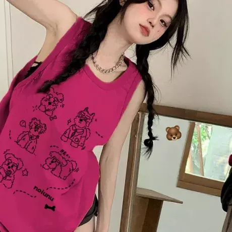 纯棉吊带坎肩背心无袖t恤女2025夏外穿高级感宽松篮球服挂脖上衣图片