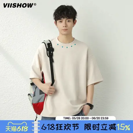 VIISHOW美式潮牌金属装饰小众短袖T恤男女夏季宽松重磅休闲体恤商品大图
