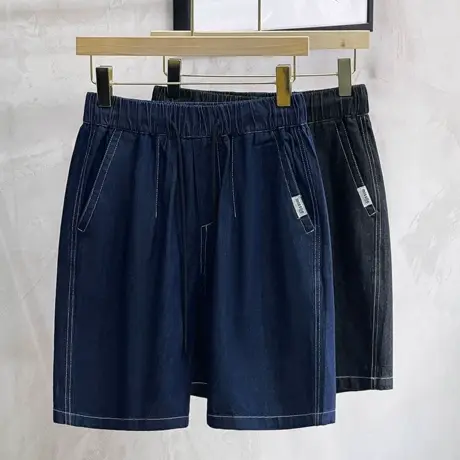 帅气口袋装饰工装牛仔短裤男夏季超火抽绳中裤男日系复古五分裤子图片