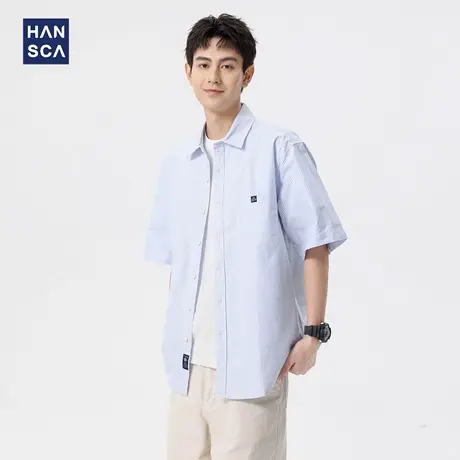 hansca日系条纹翻领短袖衬衫男2025夏季潮牌休闲百搭薄款衬衣外套商品大图