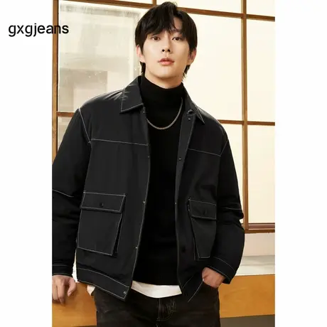 gxgjeans男装 2024年冬季新款黑色保暖翻领明线夹克羽绒服男商品大图