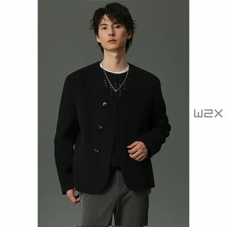 w2x2024秋冬季无领极简风短款羊毛呢短外套设计感痞帅休闲上衣潮商品大图