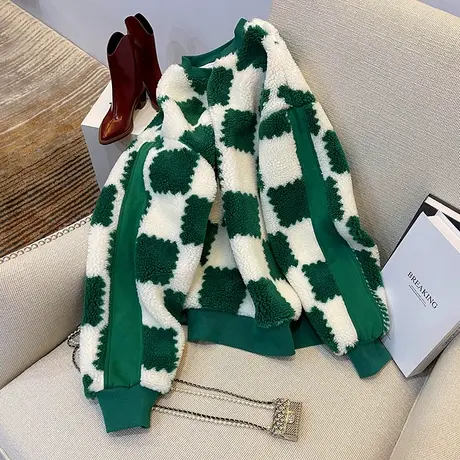 绿色格子棋盘圆领冬季厚卫衣女oversize美式宽松街头外套chic胖mm图片