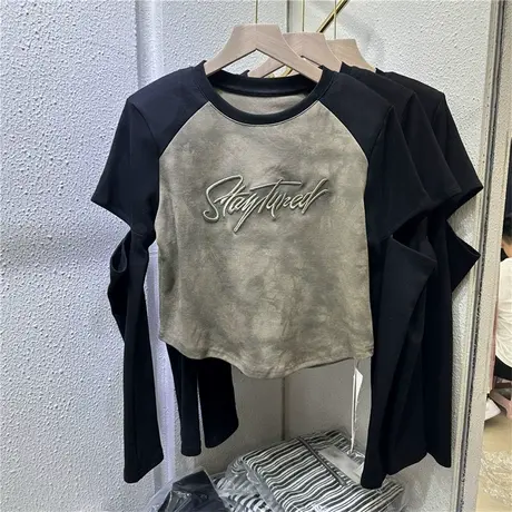 2023秋季新款韩版袖子割破设计短款垫肩小个子显瘦长袖T恤女上衣图片