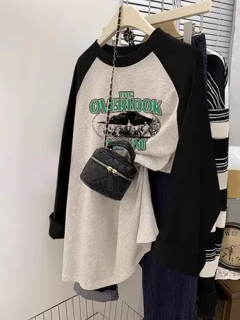 hiphop潮牌美式上衣秋季插肩袖撞色设计打底衫ins潮纯棉长袖T恤女商品大图