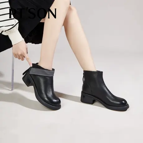 百田森厚底靴子2024新款爆款秋冬女短靴加绒保暖粗跟通勤靴子黑色商品大图