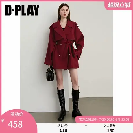 DPLAY2025年秋季新款红色风衣外套女流行复古宽松小个子短款大衣商品大图