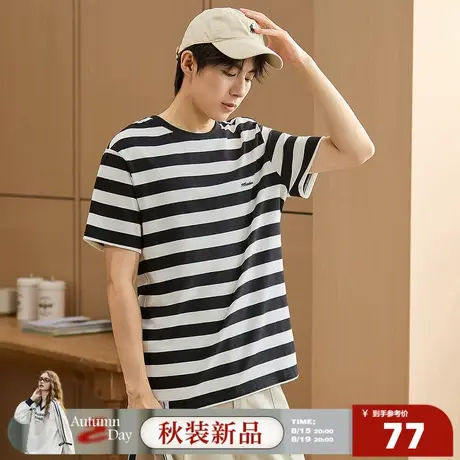 8.15/20点 上新唐狮2025条纹短袖t恤男生夏季新港风休闲圆领宽松商品大图