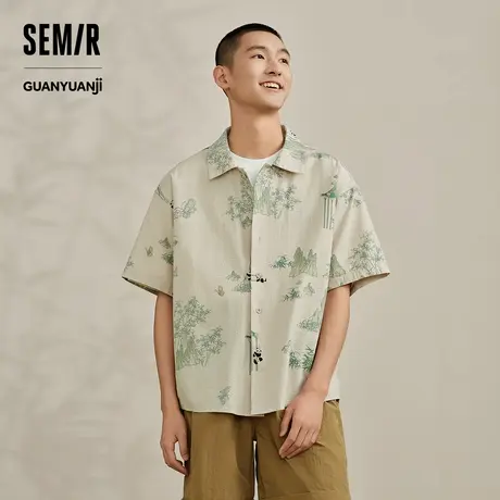 森马观园吉联名短袖衬衫男2024夏季新款宽松纯棉上衣潮流国风印XY商品大图