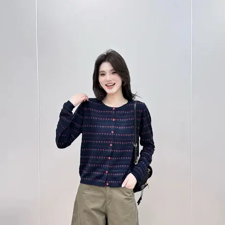 复古圆领条纹针织衫开衫早秋季女装2025新款宽松显瘦外套长袖上衣商品大图