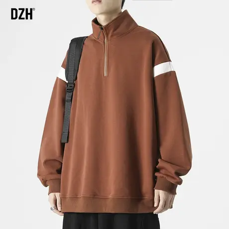 男士咖啡色重磅卫衣男春秋潮牌高领半拉链上衣宽松男装2023年新款商品大图