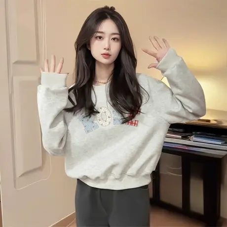 灰色短款圆领重磅卫衣女2025新款爆款秋冬季长袖加绒加厚宽松上衣商品大图
