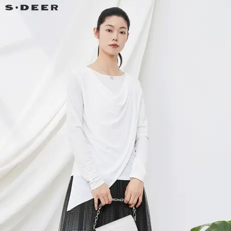 sdeer圣迪奥女装不规则下摆堆领长袖T恤S20180204商品大图