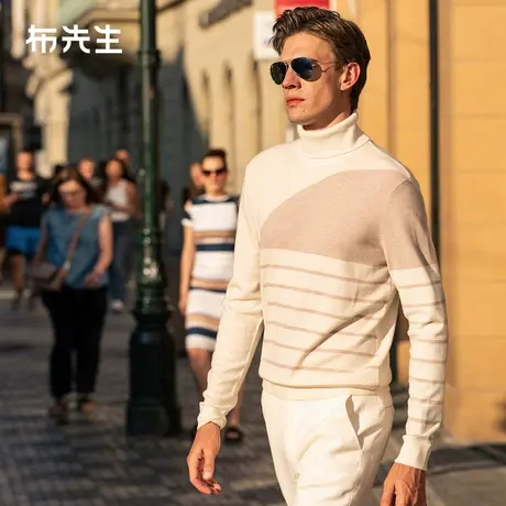 MrBu布先生条纹可翻高领纯羊毛衫2023秋冬新款保暖打底衫BT12256商品大图