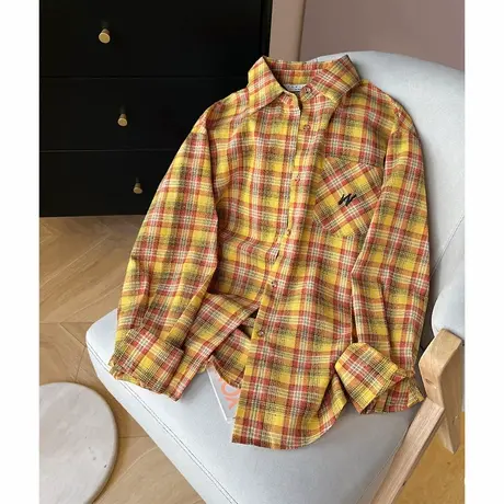 唐狮新款女长袖衬衫衬衣外套格子黄轻薄衬衫女上衣夏季薄款blTM图片