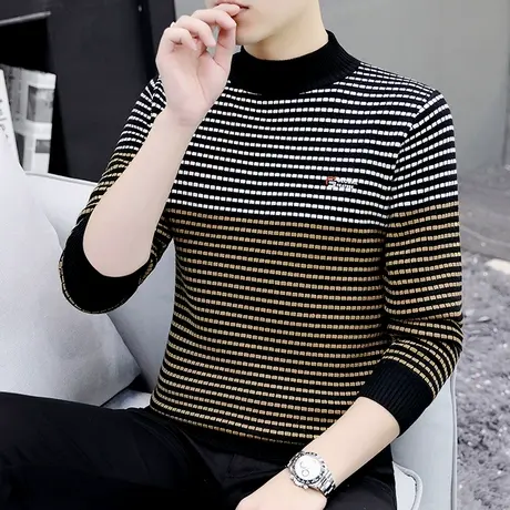 秋冬季圆领套头毛衣男士潮牌个性条纹针织打底衫时尚撞色保暖上衣商品大图