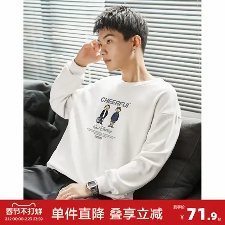 唐狮秋季新款男前胸印花圆领卫衣宽松美式青少年套头衫潮商品大图