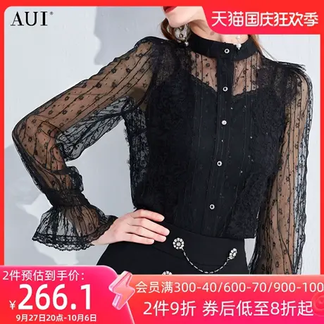 AUI黑色小众设计立领蕾丝衫女2023春秋新款洋气减龄百搭修身上衣图片