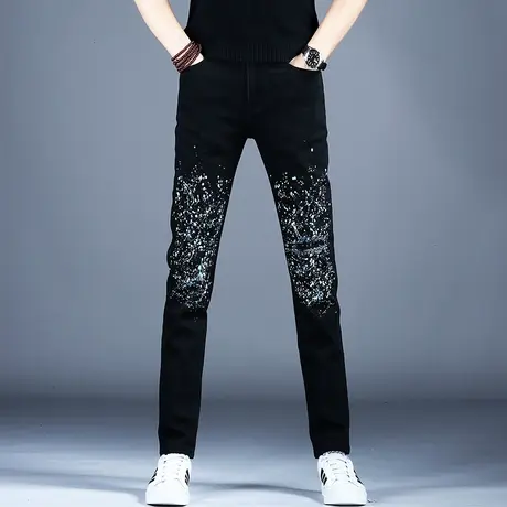 男裤秋款2023新款黑色牛仔裤男款美式高街裤子男士小脚修身休闲裤商品大图