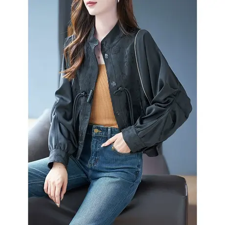 宝诗黎圆领蝙蝠袖褶皱设计感短外套2023新款长袖上衣大码宽松秋装商品大图