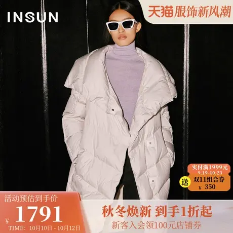 恩裳COVER2023冬装简约几何走线装饰大翻领围裹式珠光感羽绒服女商品大图