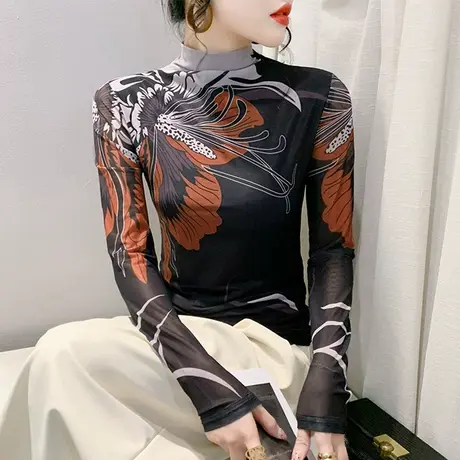时尚秋冬半高领上衣性感网纱扎染印花T恤女长袖洋气修身打底衫ins商品大图