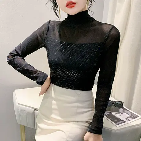 加绒加厚高领网纱T恤女长袖性感烫钻钉珠上衣洋气修身个性打底衫商品大图