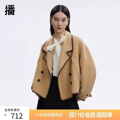 双11提前购播冬季新款羊毛宽松休闲短款外套复古贝壳绣大衣女图片