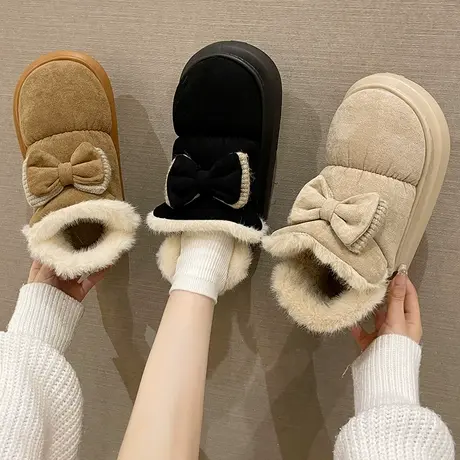 厚底棉拖鞋女冬季可爱蝴蝶结加厚毛绒保暖雪地靴室内外穿包跟棉鞋图片