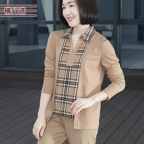 2023冬季新款简约休闲翻领拼格子假两件长袖T恤大码外穿上衣女装图片