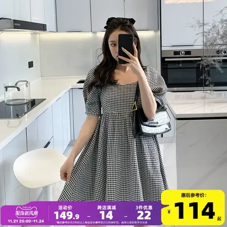 唐狮2021早春装新款女格子连衣裙泡泡袖小方领宽松收腰显瘦潮流ZW商品大图