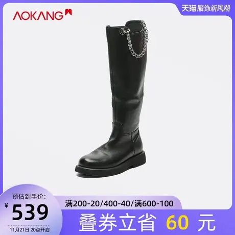 M奥康女鞋 2021冬季新款真皮平底长筒靴时尚单靴小众高筒长靴子潮图片